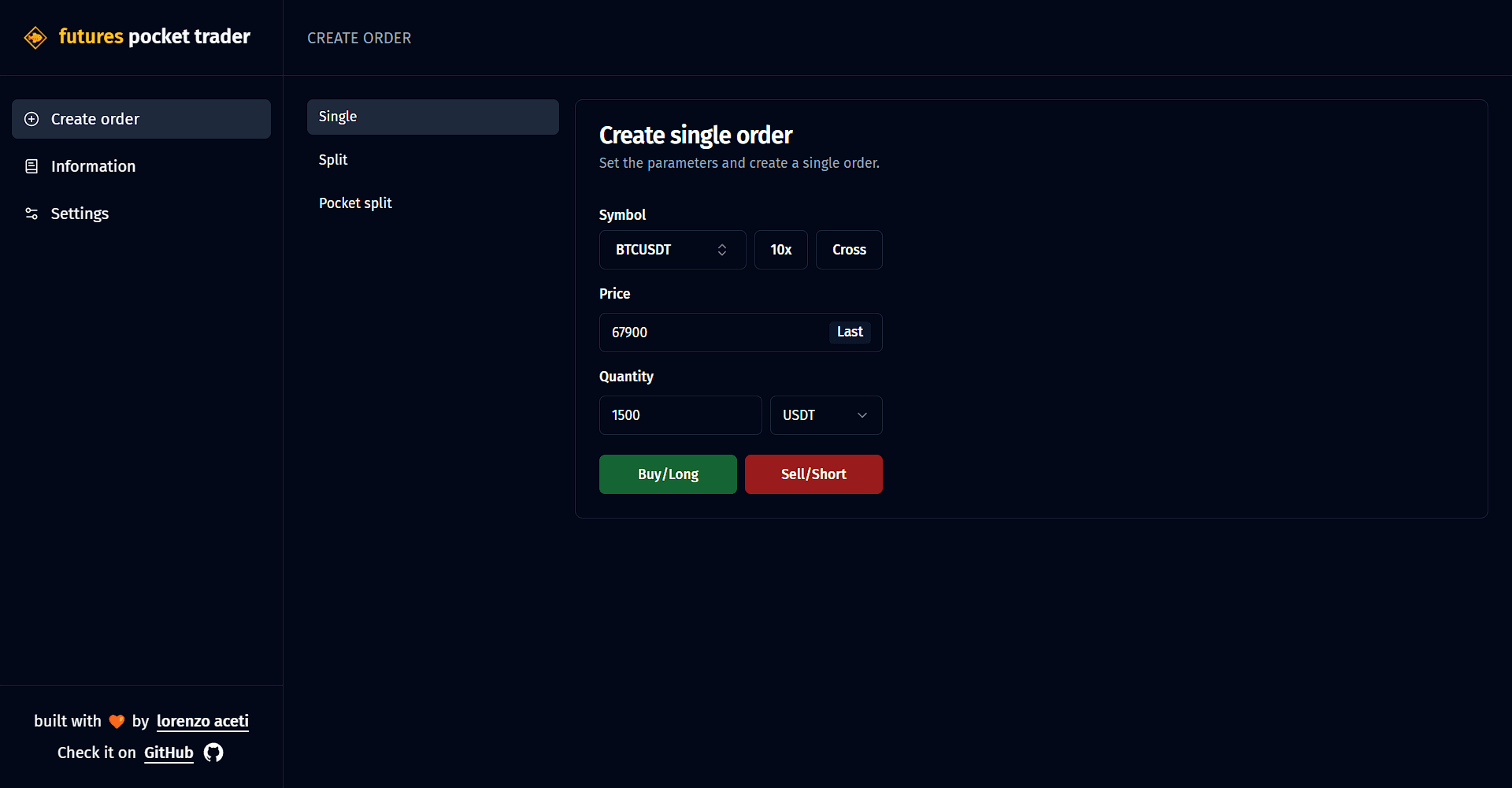 Interface of create a new split order page.