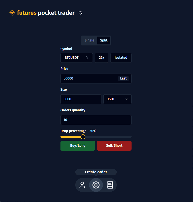 Interface of create a new split order screen.